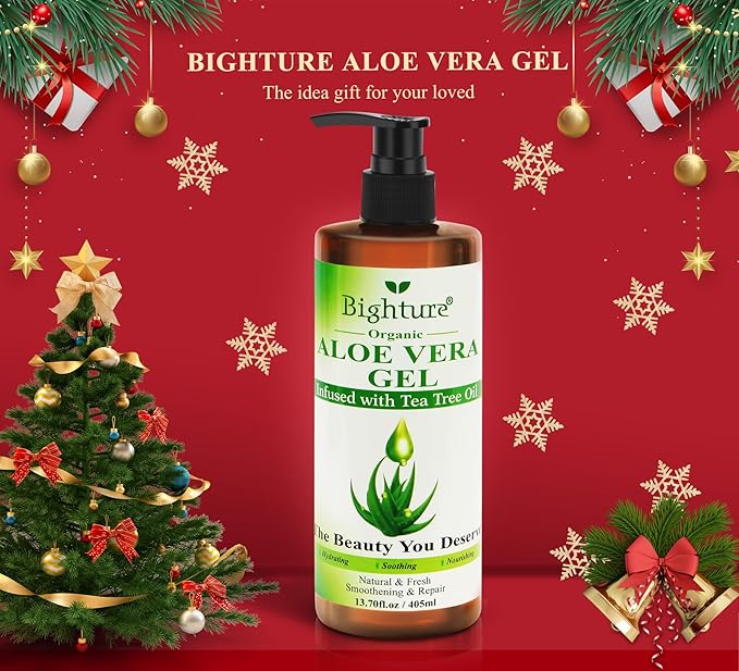 Aloe Vera Gel with Tea Tree Oil for Face, Skin, Hair, Sunburn relief, Organic Aloe Vera Gel from Freshly cut 100% Pure Aloe,13.7oz