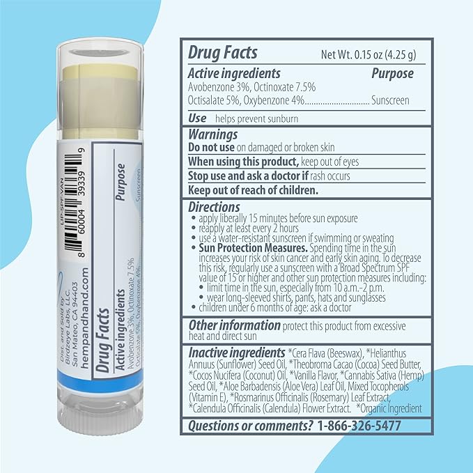 Organic Vanilla Hemp Lip Balm with Beeswax, Coconut Oil and Vitamin E - SPF 30 (2-Pack) - by Hemp and Hand