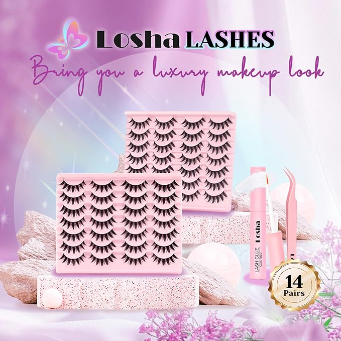 Losha Lashes Spiky Manga Lashes 14 Pairs Anime False Eyelashes 8D Wispy Eye Lashes Kit with Lash Glue and Lash Tweezers Natural Soft Fake Eyelashes (Cutes)