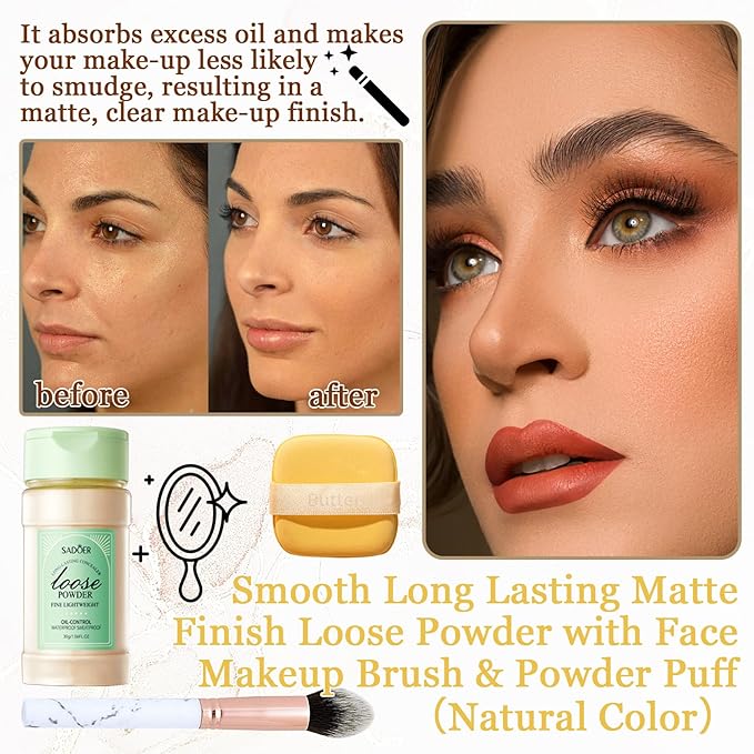 Lightweight Setting Powder,Waterproof Oil Control Translucent Face Powder,Smooth Long Lasting Matte Finish Loose Powder with Face Makeup Brush & Powder PuffïŒNatural ColorïŒ
