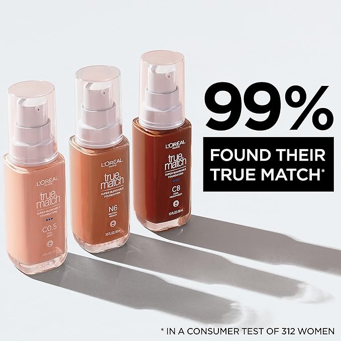 L'Oreal Paris True Match Super-Blendable Foundation, Medium Coverage Liquid Foundation Makeup, W8, Medium Deep, 1 Fl Oz