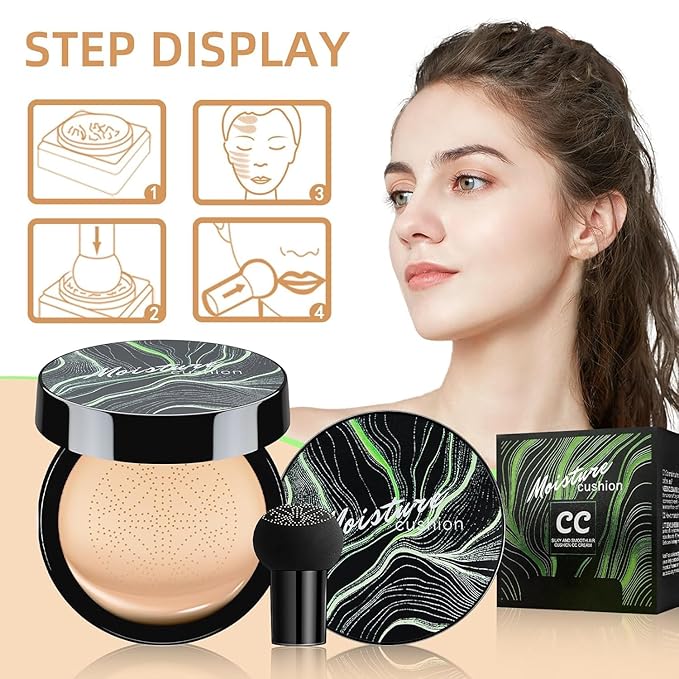 Air Cushion CC Cream Mushroom Head Foundation - Moisturizing BB Cream Makeup Long Lasting Matte Conceale, Oil Control Waterproof Makeup Base Primer (Beige, 1 PCS)