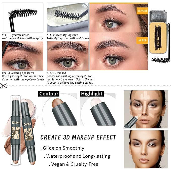 Face Primer, Makeup Brush and Sponges, Eyebrow Soap and Pencil, Mascara, Winged Eyeliner Stamp, cosmetic bag,Eyebrow Soap and Pencil, Mascara, Winged Eyeliner Stamp