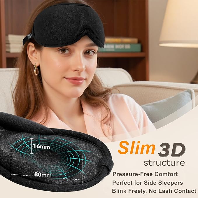 Slim 3D Sleep Mask for Side Sleepers, Blackout Sleeping Maskfor Men Women, Zero Eye Pressure, Ultra Soft Eye Masks for Sleeping, Perfect for Travel, Nap, Meditation, Airplane (Black)