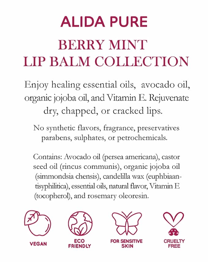 Berry Mint Lip Balm Collection, Vegan Set, Bees Wax Free, Coconut Oil Free, with Organic Jojoba and Avocado Oil, Vitamin E, Natural Moisturizer For Dry Cracked Lips, 3 Tube Set