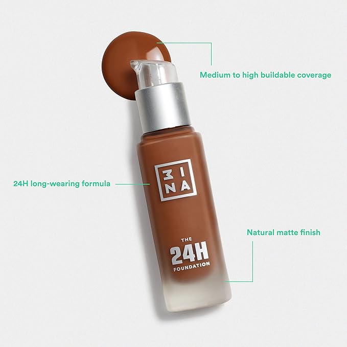 3INA The 24H Foundation 603-24H Long-Wearing Formula - Medium To High Buildable Coverage - Smooth Matte Finish - Expanded Shade Selection - Waterproof, Cruelty Free, Vegan Makeup - 1.01 Oz