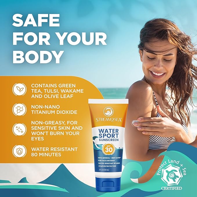 STREAM 2 SEA SPF 30 Biodegradable Mineral Sunscreen, 3 Fl oz Non-Greasy and Moisturizing Reef Safe Sunscreen For Face Protection and Body Against UVA and UVB