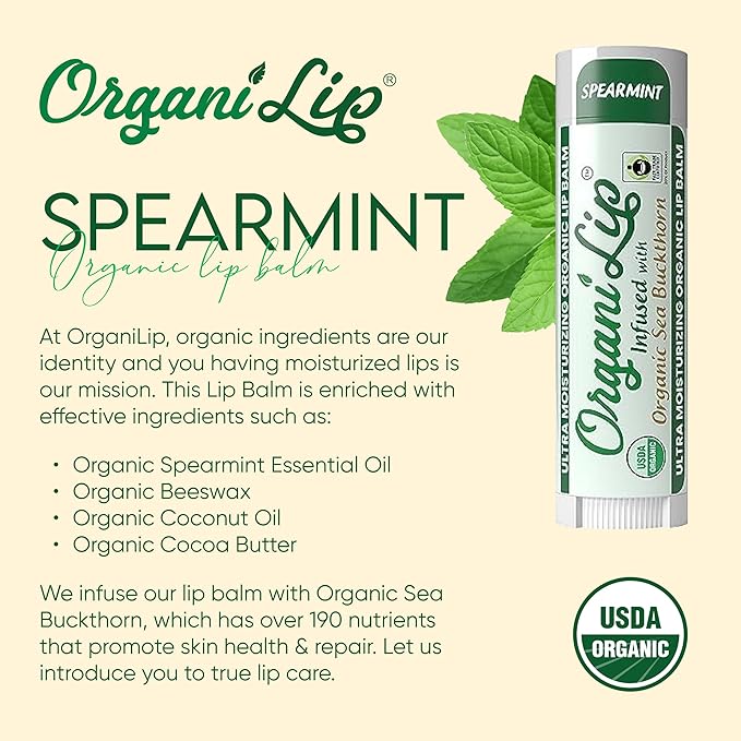 Organic Lip Balm, Spearmint Flavor, Ultra Hydrating Lip Moisturizer for Dry Lips, Oval Shaped Tube, USDA Certified Organic, 3 Pack - OrganiLip