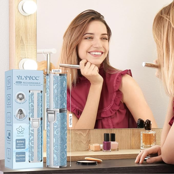 Facial Hair Remover for Face Lip, Electric 2 in 1 Face Shaver and Eyebrow Trimmer, Rechargeable Blue Nose Hair Trimmer for Women with Built-in LED Light