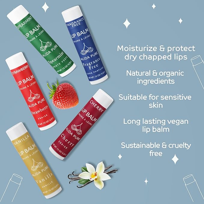 Melody Lip Balm Collection, Vegan Lip Balm Set, Beeswax Free, with Avocado Oil, Organic Jojoba Oil, and Vitamin E, Natural Moisturizer for Dry, Chapped Lips, 5 Tube Set