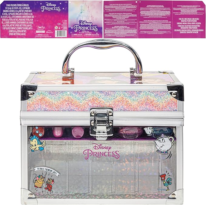 Disney Princess Train Case Girls Beauty Set, Kids Makeup Kit for Girls, Real Washable Toy Makeup Set, Play Makeup, Pretend Play, Party Favor, Birthday, Toys Ages 3 4 5 6 7 8 9 10 11 12