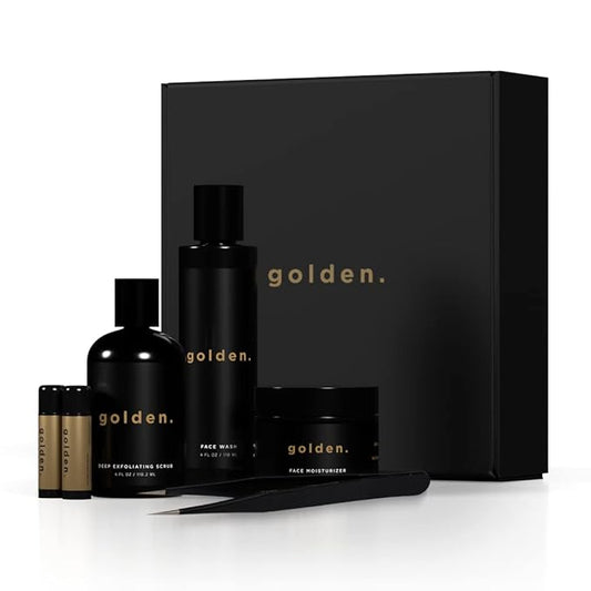 Golden Grooming Co. Essential Men's Skincare Routine Set - Complete Face Care System | Face Wash, Deep Exfoliating Scrub, Moisturizer | Tweezers & 2 Lip Balm Sticks Included | 30 Day Supply