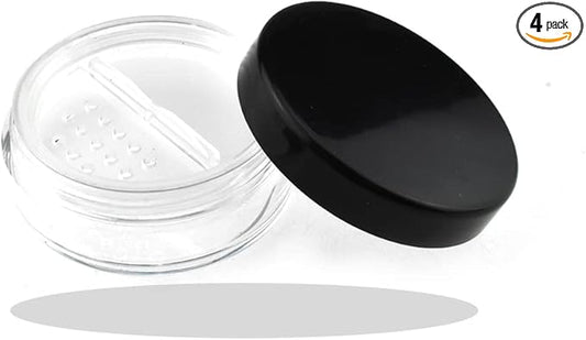HAHIYO 4pcs 10ml/0.34oz Plastic Empty Travel Compact Case Makeup Cosmetic Jar Refillable Powder Box No Leak Holder with Rotatable Sifter and Black Screw Lid