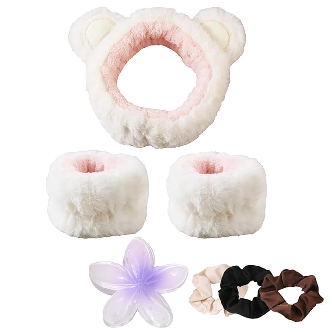 7pcs/Set Hairdressing Accessories Kit, Lovely Bear Decor Head Band, Elastic Fluffy Water Absorbent Head Hoops, Flower Shaped Hair Claw Clips, Ponytail Holders Hair Ties (Red)
