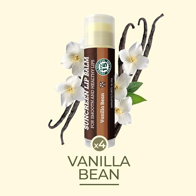 SPF Lip Balm 4-Pack by Earth's Daughter - Lip Sunscreen, SPF 15, Organic Ingredients, Vanilla Flavor, Beeswax, Coconut Oil, Vitamin E - Hypoallergenic, Paraben Free, Gluten Free