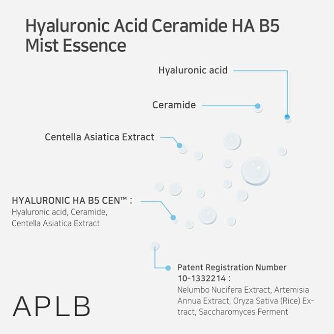 APLB Hyaluronic Acid Ceramide HA B5 Mist Essence | HYALURONIC HA B5 CEN™ 28.7% 3.55 FL.OZ/Korean Skincare, Replenishing moisture, Revitalize for gentle and improve skin texture through Hyaluronic