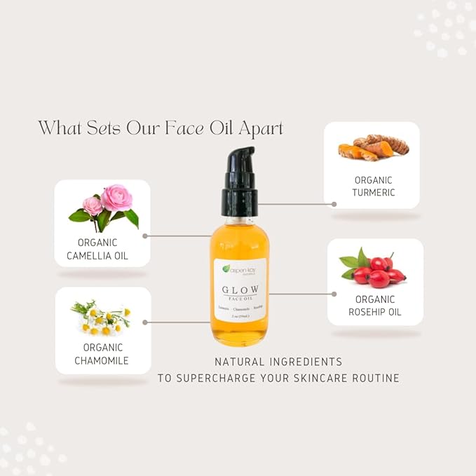 Glow - Turmeric & Rosehip Face Oil, Natural & Organic Face Moisturizer with Turmeric, Camellia, Sea Buckthorn and Chamomile - Facial Serum - 2 oz