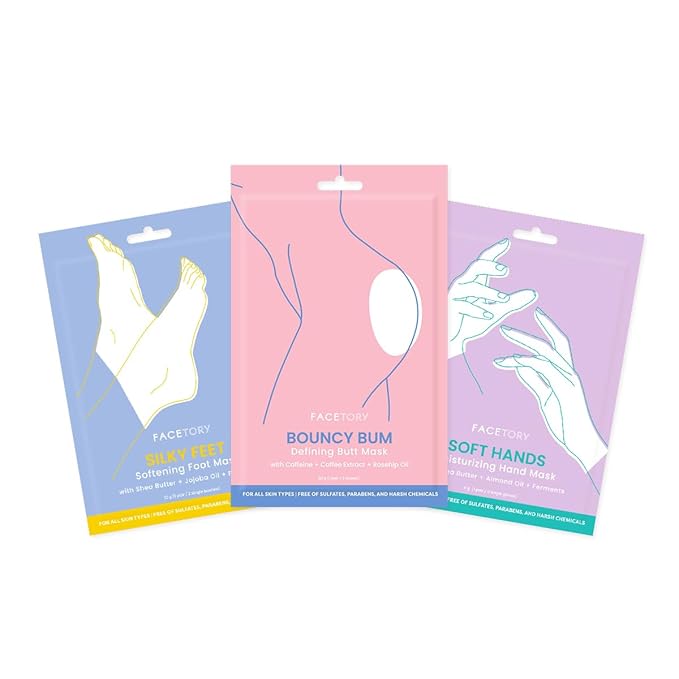FACETORY Body Spa Sheet Mask Bundle Variety Pack of 3 with Korean Sheet Masks for Feet, Hands, and Butt - Softening, Hydrating, Nourishing, and Refreshing, for Dry, Cracked Skin