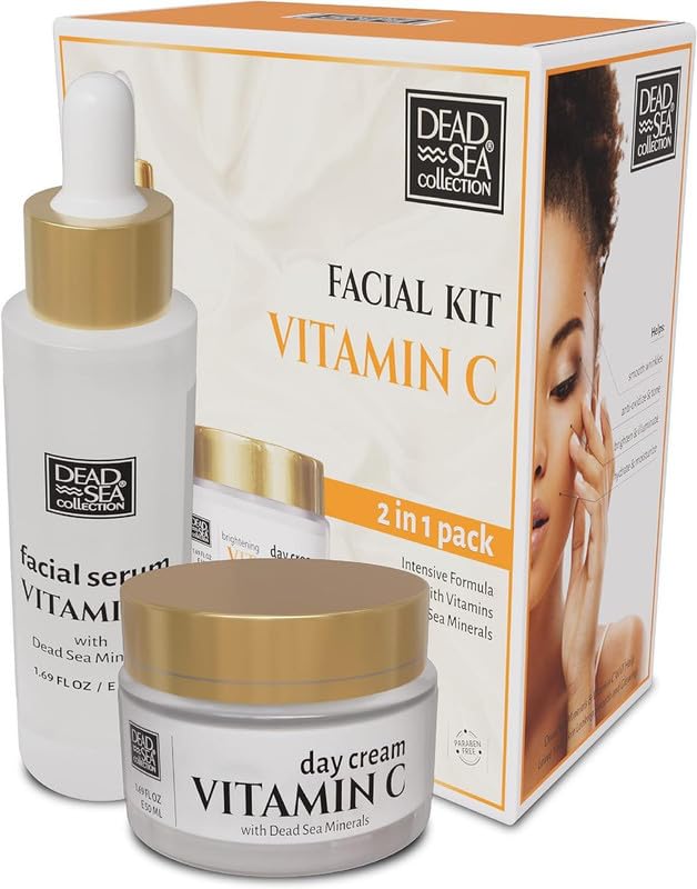 Dead Sea Collection Facial Vitamin C Kit - Day Cream (1.69fl.oz/50ml jar) & Facial Serum (1.69fl.oz/50ml bottle) - Pure Dead Sea Minerals - Anti-Wrinkle Hydration Smooth and Moisturized Skin