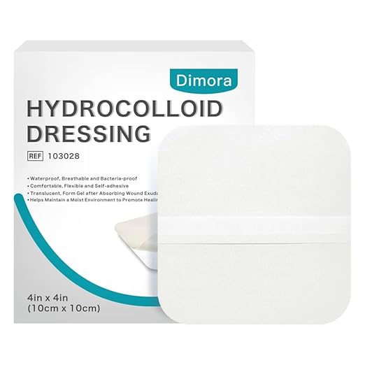 Dimora Hydrocolloid Dressing 4" x 4" for Wound Care, 10 Pack Large Patch Bandages with Self-Adhesive for Bedsore, Burn, Blister, Acne Care, Super Absorbent for Fast Healing