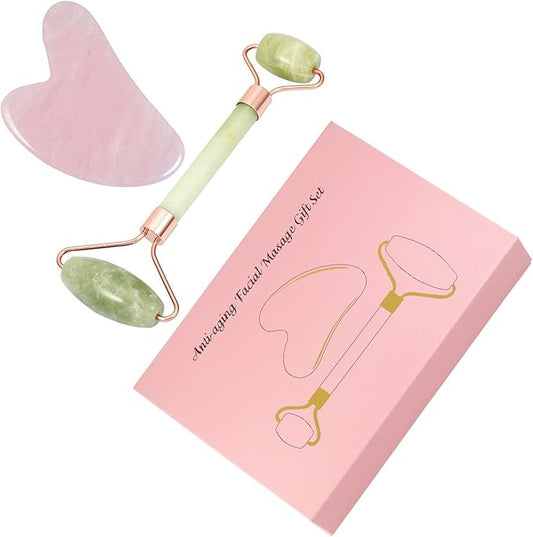 mookaitedecor Xiuyan Jade Roller & Rose Quartz Gua Sha Scraping Massage Tool Set, Face Massager for Wrinkles, Anti Aging