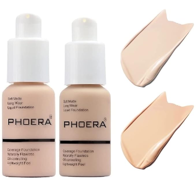 2 Pack PHOERA Foundation, Flawless Soft Matte Liquid Foundation Makeup for Women..PHOERA Foundation101# Porcelain and 102# Nude