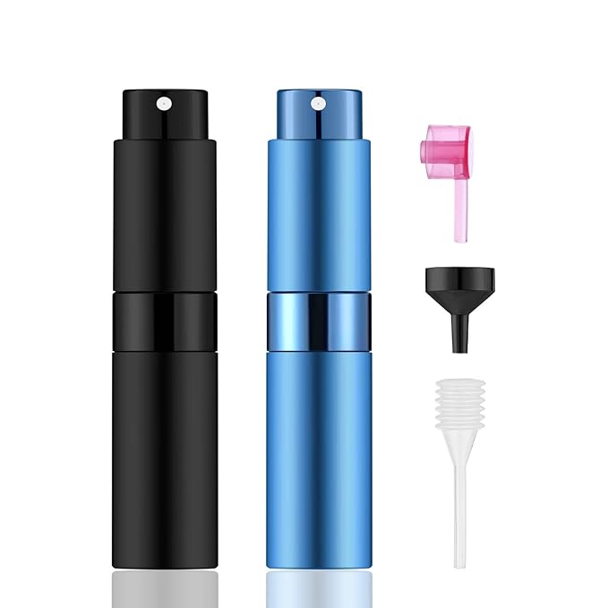 2 PCS/8ml Portable Mini Perfume Atomizer bottles, Empty Refillable Spray Bottle with 3 Types of Refill Tools, Pocket Travel Perfume Sample Bottles(Matte Black&Blue)