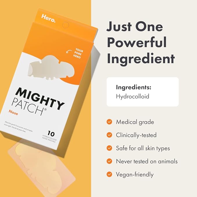 Mighty Patches for nose pores from Hero Cosmetics - XL Hydrocolloid Pimples, Zits and Oil - Dermatologist-Approved Overnight pore Strips to Absorb Acne nose Gunk (10 Count)