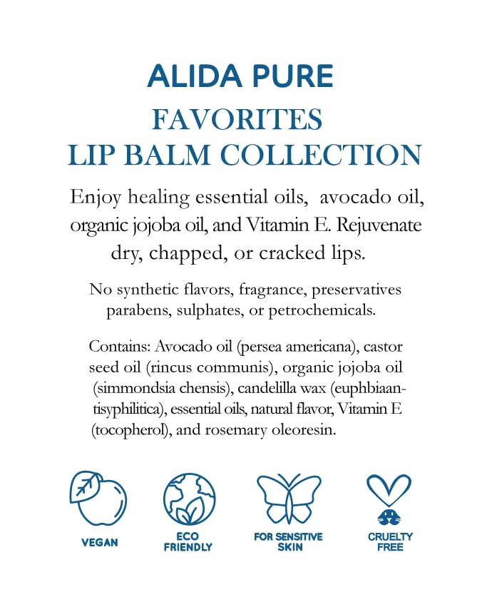 Favorites Lip Balm Collection, Vegan Lip Balm Set, Bees Wax Free, Coconut Oil Free, Avocado Oil, Organic Jojoba Oil, Vitamin E, Natural Moisturizer For Dry Cracked Lips, 3 Tube Set