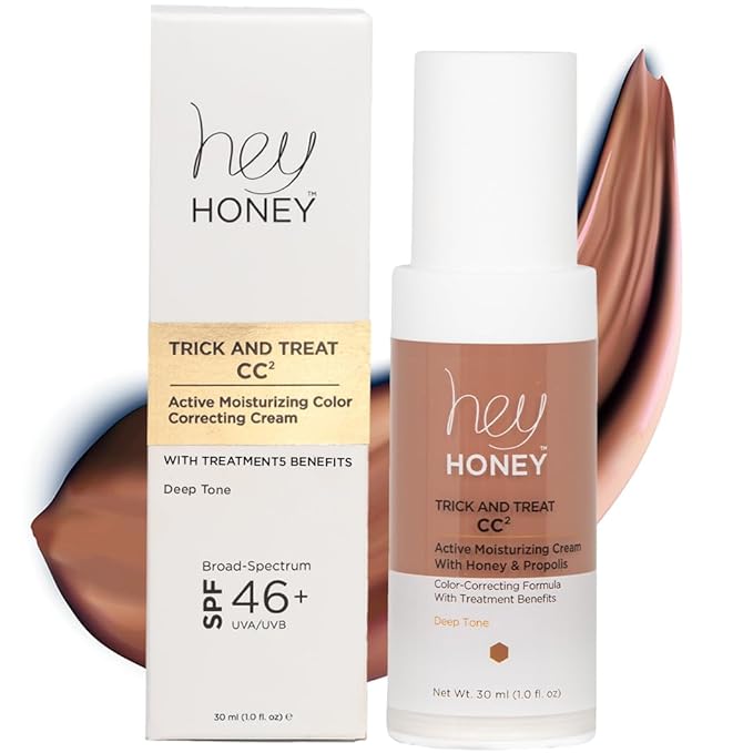 Hey Honey Trick and Treat CC Cream SPF 46 | Active Moisturizing Color Correcting Cream with Honey & Propolis | Best Cover For Rosacea, Skin Redness & Mature Skin | Cruelty-Free | 1 oz (Deep)