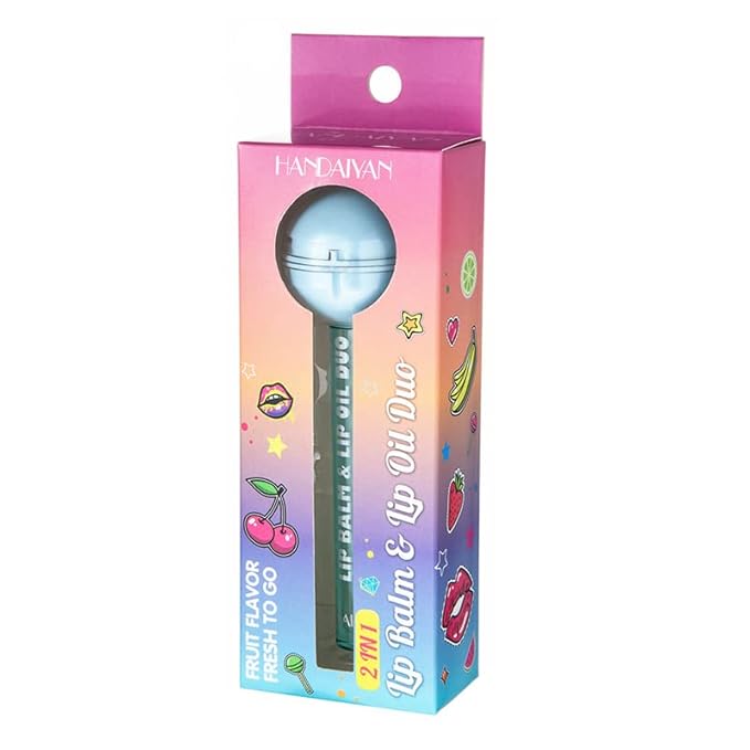 Tinted Lip Balm Lollipop Lip Gloss, Magic pH Color Changing Pink Lipstick & Vitamin E Clear Lip Oil Combo, Hydrating Plumping Lip Care Product for Girls (Blue)
