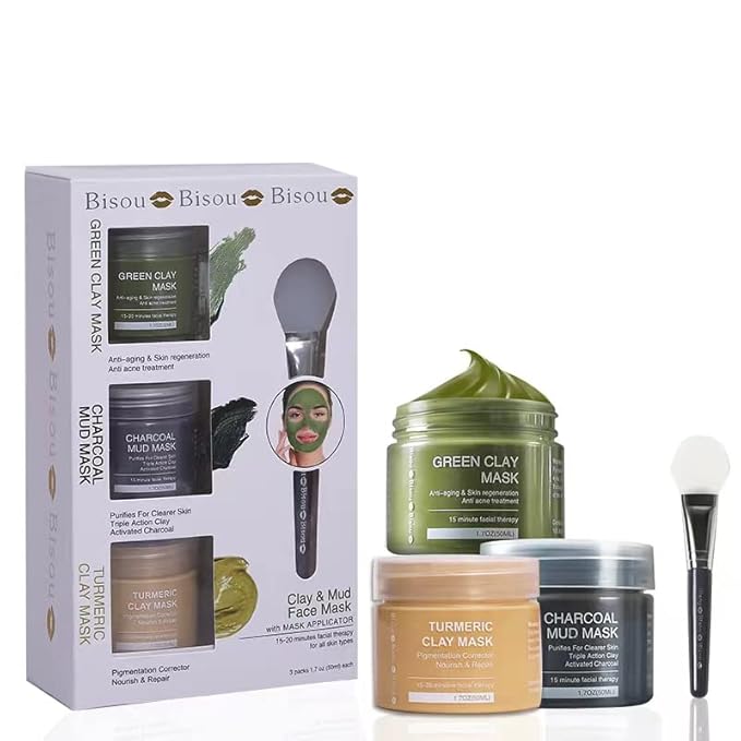 Turmeric Clay, Dead Sea Mud & Charcoal Gel Face Mask Trio With Applicator, Deep cleansing Clay and Mask Applicator, Facial Therapy PH Balanced Hypo-allergenic (3 Sets Mud Mask)