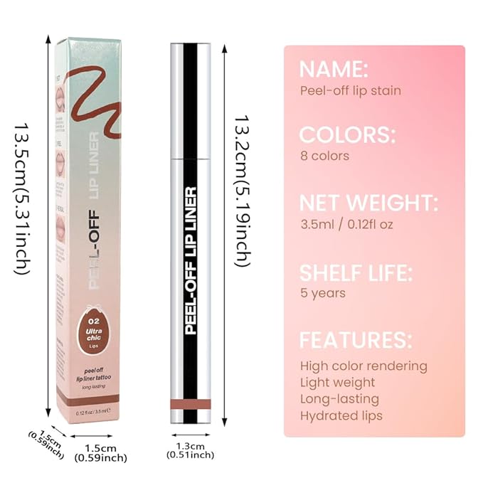 Matte Lip Stain Peel Off Lip Liner, Brown Peel Off Lip Stain Tattoo,Long Lasting & Waterproof Peel Off Lip Gloss Lip Liner,Transfer-Proof All Skin Types.0.12 fl oz #02