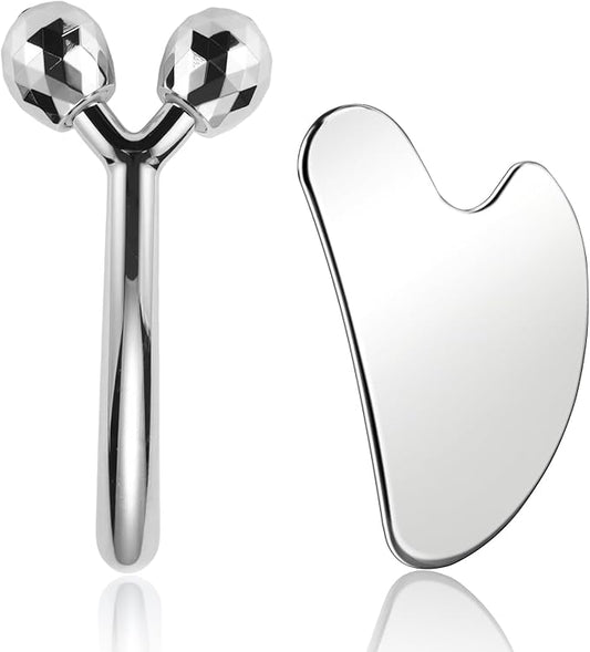 Face Massager, Metal Roller Gua Sha Facial Tools for Face Neck Eye Body Skin Care, Facial Roller Gifts for Her, Women and Girl 2Pcs