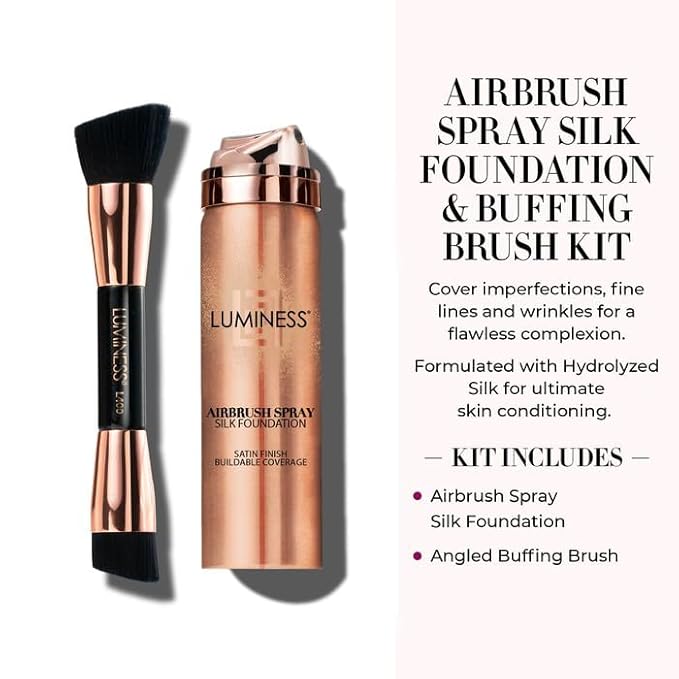 LUMINESS Silk Airbrush Spray Foundation & Buffing Brush Kit – Full Coverage Foundation & Dual-Sided Buffing Brush - Buildable Coverage, Anti-Aging Formula Hydrates & Moisturizes (Shade - Tan)