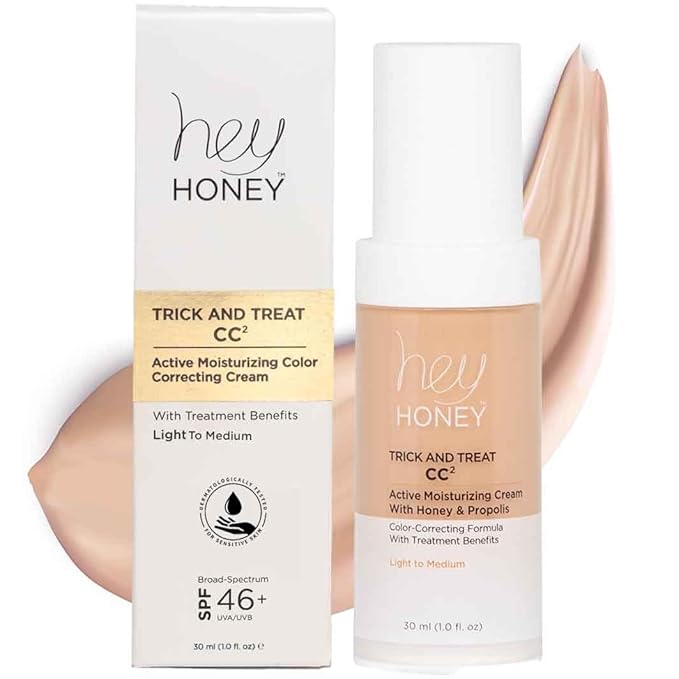 Hey Honey Trick and Treat CC Cream SPF 46 | Active Moisturizing Color Correcting Cream with Honey & Propolis | Best Cover For Rosacea, Skin Redness & Mature Skin | Cruelty-Free | 1 oz (Light-Medium)