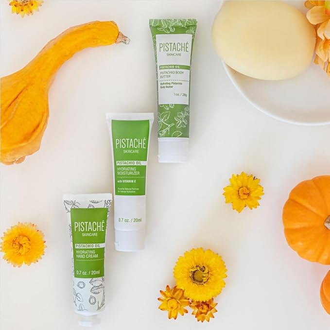 Pistaché Skincare Pistachio Oil 5-Pc Mini Collection (Travel) + Body Butter, Hand Cream, Biscotti Perfume, Eye Cream & Face Moisturizer + Hydrates and Nourishes + Vitamin E + Antioxidant Protection