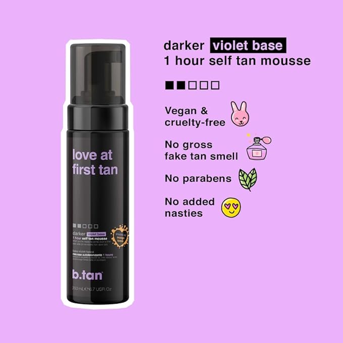 b.tan Violet Self Tanner Mousse Bundle | Love At First Tan - Best, 1 Hour Express Sunless Tanning Foam, Cancels Orange Tones, Dark Bronzing Glow, No Fake Tan Smell, Face & Body, 6.7 Fl Oz, Pack of 2