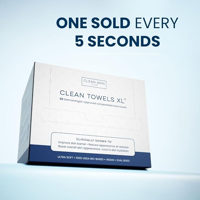 Clean Skin Club Clean Towels XL™, USDA Certified 100‪%‬ Biobased Dermatologist Approved Face Towel, Disposable Makeup Remover Dry Wipes, Facial Wash (4 pack)