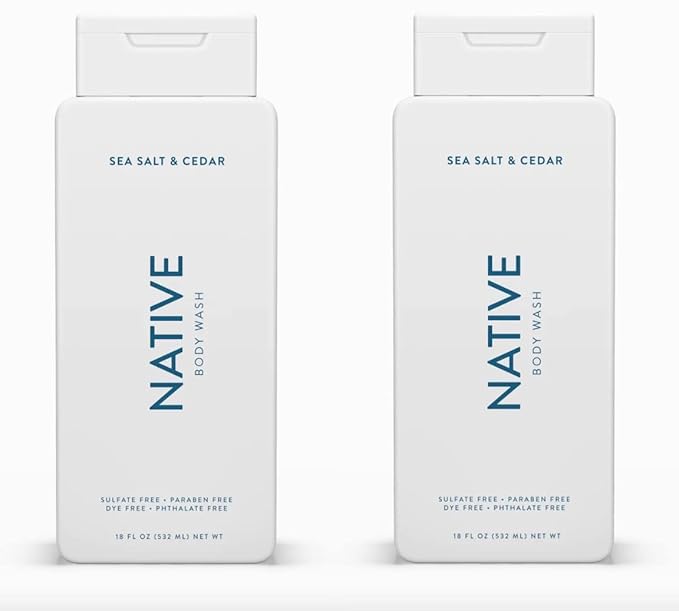 Native Body Wash Contains Naturally Derived Ingredients | For Women & Men, Sulfate, Paraben, & Dye Free Leaving Skin Soft and Hydrating | Sea Salt & Cedar 18 oz - 2 Pk