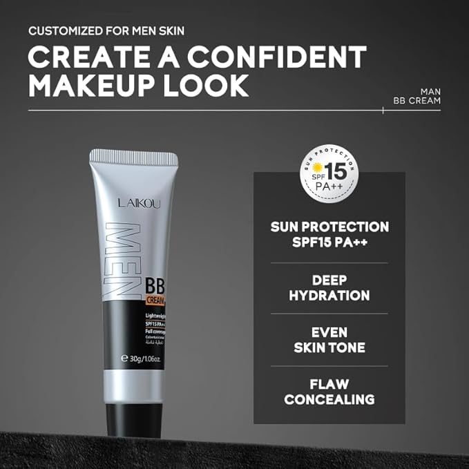 AKARY Hydrating Men BB Cream SPF 15 PA++, Full-Coverage Foundation&Concealer, Mens Face Moisturizer Cream Evens Skin Tone, Oil Control and Cover Flaws, Natural Finish for All Skin Types, Light 160