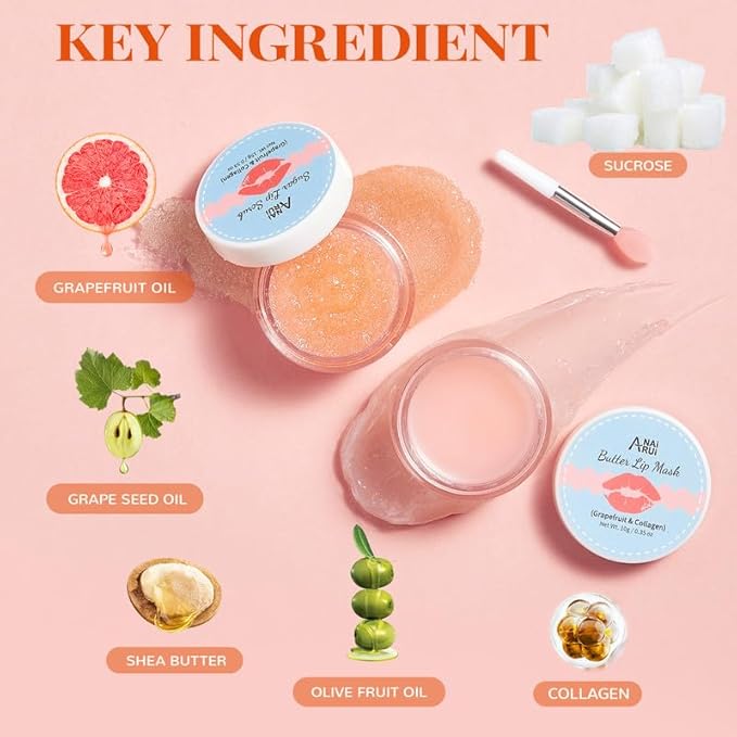 ANAIRUI Lip Mask Set, Lip Exfoliator Scrub & Moisturizer,Grapefruit Lip Care Kits With Lip Sleeping Mask & Sugar Lip Scrub, Lip Overnight Plumper Set for Dry, Chapped Lips
