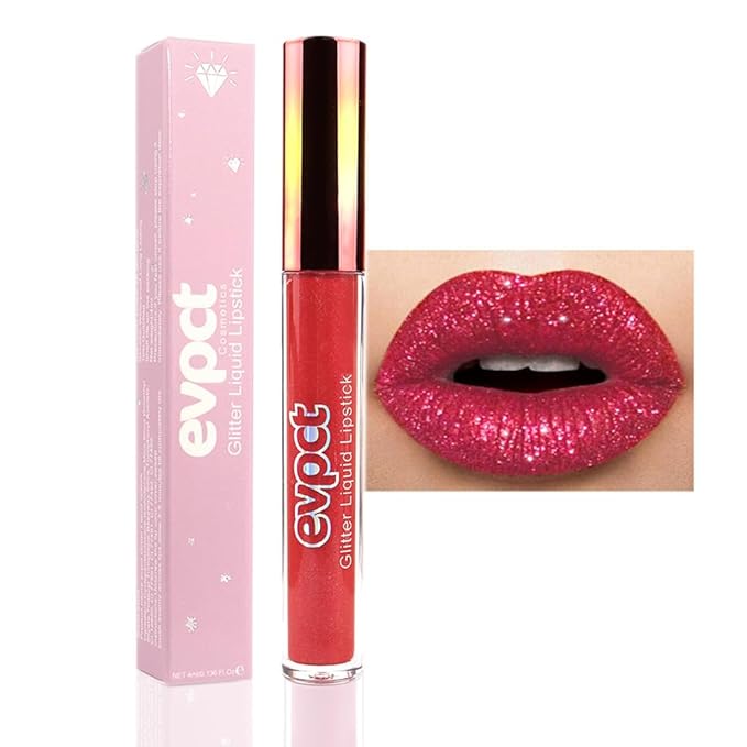 evpct 1Pcs Hot Bright Red Glitter Metallic Shimmer Diamond Lipstick Lip Gloss Stain Set for Women Long Lasting Waterproof, Dark Red Sparkle Glitter Matte long wear Liquid Lipstick Lip Makeup Kit