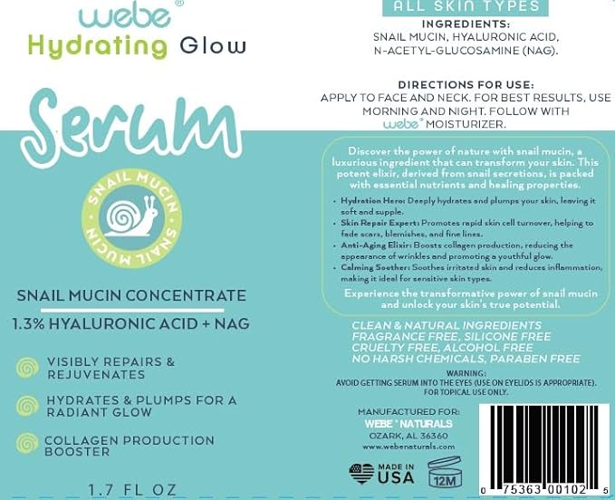 WEBE Naturals Snail Mucin 94% Hydrating Glow Serum | 1.3% Hyaluronic Acid & N-Acetyl Glucosamine | Collagen Boosting, Plumping, Anti Aging, Intense Moisturizing Serum for Radiant, Dewy Skin