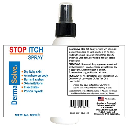 Dermasolve Stop Itch Spray with 100% Organic Neem Oil, Scalp and Body Psoriasis Relief, Dry Skin, Bites, Sunburn, Burns and Rashes
