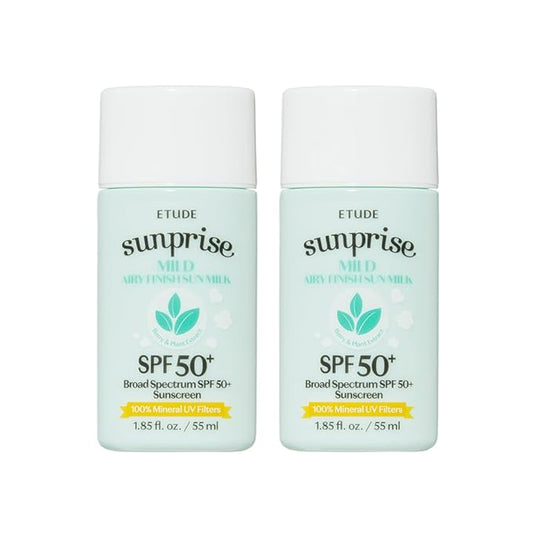 ETUDE Sunprise Mild Airy Finish Sun Milk Duo Set (55ml*2) SPF50+ / PA++++ | Sebum-free, Non-Sticky, Long Lasting Protection, 100% Mineral Based Korean Sunscreen, Korean Skin Care, Pefect for Gift