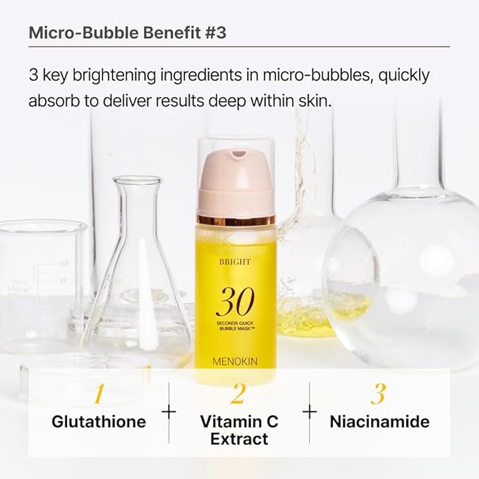 MENOKIN 30 Seconds Quick Bubble Mask [BRIGHT] - [Vitamin C] [Glutathione & Niacinamide] in Micro-bubbles for Dark Spots, Uneven Skin Tone, Korean Skin Care Essential, 70 Uses, 3.21 fl.oz