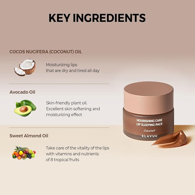 Klavuu Nourishing Care Lip Sleeping Pack - Lip Mask for Exfoliating & Nourishing Lip Treatment Balm for Dry Lips - Natural Moisturizing Lip Oil with - Lip Balm to Repair & Protect Lips 0.7oz (Coconut)