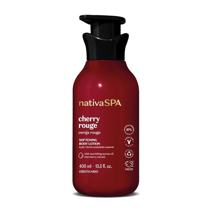 O Boticário Nativa SPA Cherry Rouge Velvety Body Lotion, Bold Oriental Amber Fragrance with Cherry Extract & Quinoa Oil, Collagen Boosting Hydration, 13.5 Ounce (400ml)