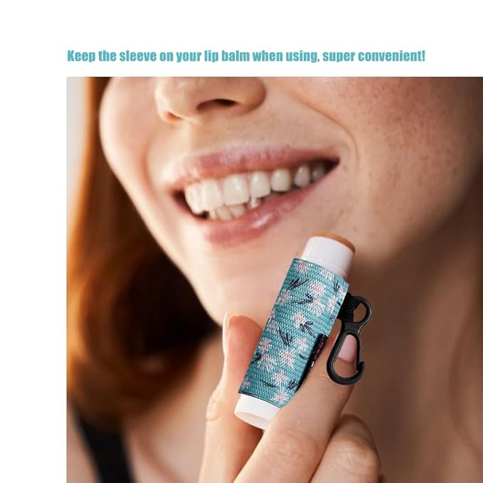 3PCS Lip Balm Holder Lip Gloss Sleeves Keychain Lipstick Holder Keychain Chapstick Elastic Sleeves Bulk(Green Print Flower X3)